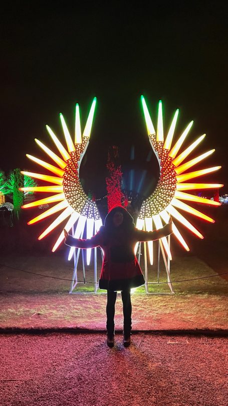 Vicki standing in front of a large pair of angel wings made from lights, the image makes Vicki look like she has wings